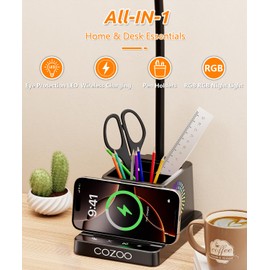 Desk Lamp with Wireless Charger, COZOO LED Desk Lamps for Home Office, Eye-Caring LED Light with Pen Holder for College Dorm Room, Gooseneck Table Lamp for Bedside Office Bedroom Study,Dorm Essentials