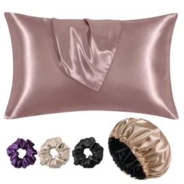 Atrube Satin Bonnet for Curly Hair Silk Pillow Covers and Scrunchies | Silk Bonnet for Hair|Best Gift Combo of Pack of 2 Satin Pillowcases 3 Silk crunchies Adjustable Cap (Rose Taupe), Rose Taupe