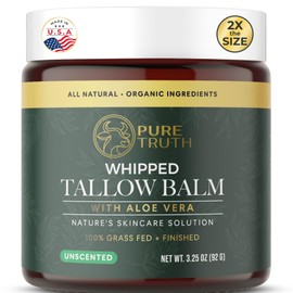 Pure Truth Whipped Tallow and Honey Balm (Unscented), Beef Tallow for Skin Care, Grass Fed + Finished Tallow Moisturizer Cream for Face & Body w/Organic Honey, Aloe Vera, Jojoba Oil, Men Women 3.25oz