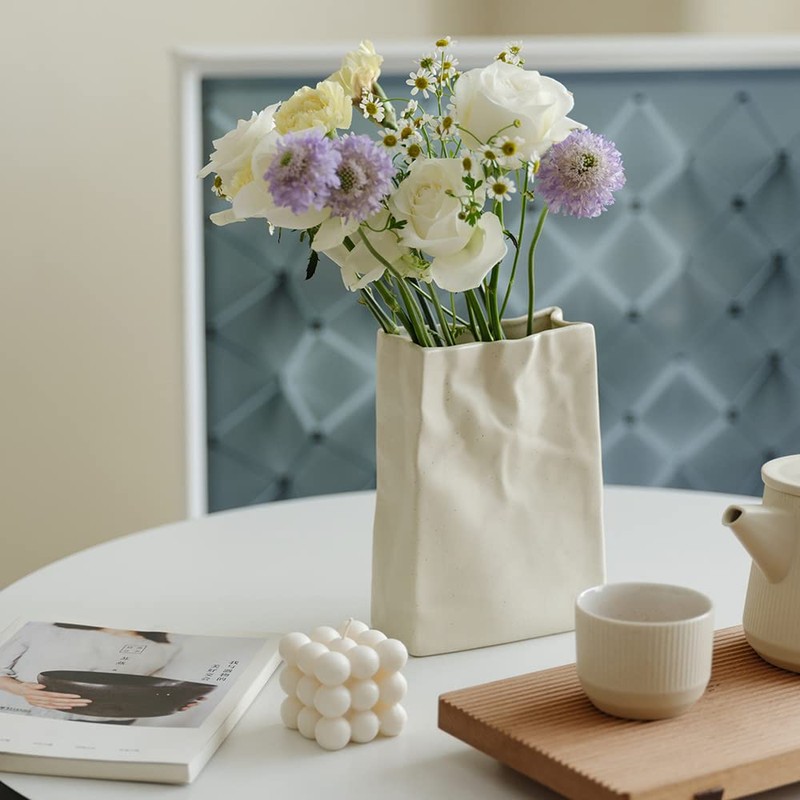 Crinkle Paper Bag Shape Ceramic Vase, Large Capacity for Flower