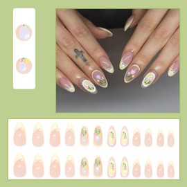 Almond Press on Nails Medium False Nails French Tip Fake Nails with Flower Bow Designs Glue on Nails Glossy Stick on Nails Cute Summer Artificial Nails for Women 24Pcs