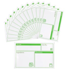 100 etiquetas para bolsas de congelador, etiquetas de comida con instrucciones (idioma español no garantizado). Etiquetas resistentes al aceite y al agua de 3.2 x 5 pulgadas, etiquetas de alimentos