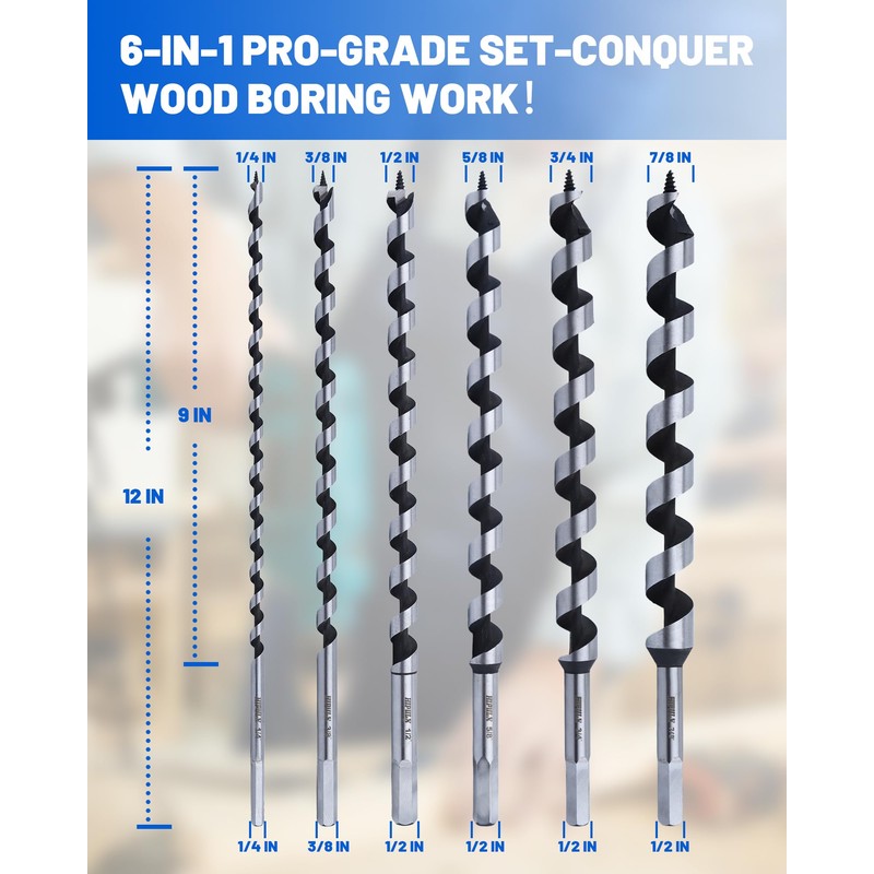 HIPULX 12" Auger Drill Bit Set for Wood, 6Pcs 1/4"