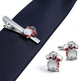 QINGANRAN Drum Set Cufflinks and Tie Clip Set, Silver Red Enamel Music Theme Accessory for Men