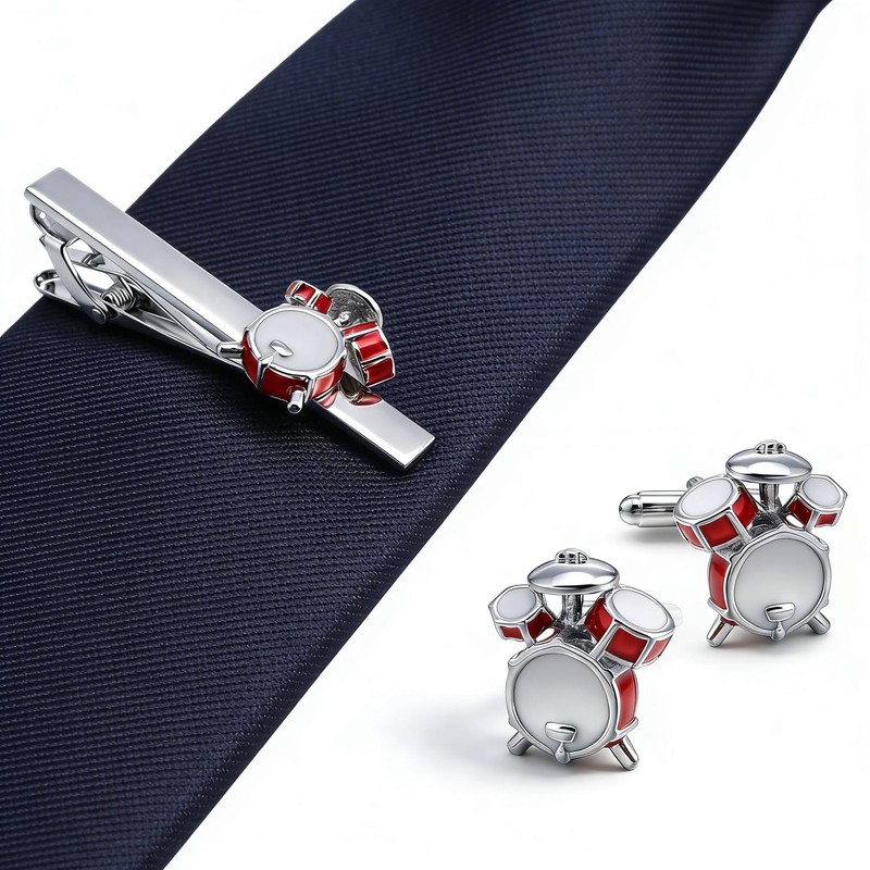 QINGANRAN Drum Set Cufflinks and Tie Clip Set, Silver Red