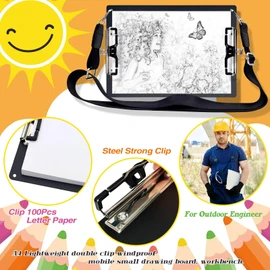 Aluminum Metal Clipboard with Detachable Adjustable Shoulder Strap A4 Double Clip Board Stainless Hangable w/Pen Holder Letter 9" x 12.6" for School Office Business Factory (Black-with Strap, A4)