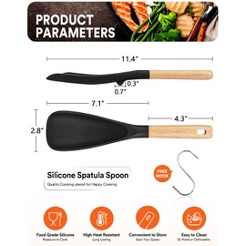 Badiano Cooking Spoon for Nonstick Cookwares, Great for Cooking and Serving Durable BPA-Free Matte Silicone, Wood Handle Spoon for Mixing, Scoop, and Scrape (Black)