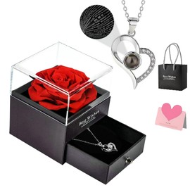 Preserved Real Rose Valentines Day Gifts, Gift Box with I Love You Necklace In 100 Languages, Real Rose Flower Gifts for Her Woman Girlfriend on Birthday, Anniversary, Valentine's Day, Mother's Day
