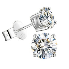 Moissanite Earrings, 1-1CT/Pair D Color VVS Clarity Round Brilliand With Excellent Cut Grade Lab Created Diamond With White Gold Plated Sterling Silver With Screw Back Earrings