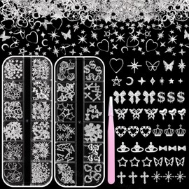 Silver Nail Charms and Gems, Silver 3D Dangle Star Planet Butterfly Nails Jewelry Charms, Metal Cross Heart Bow Moon Alloy Crown Rivet Studs Nail Art Charm Supplies Decor for Nails Face Makeup DIY