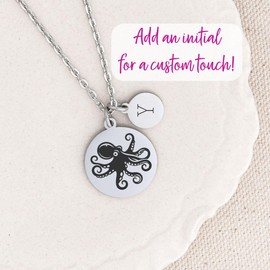 Octopus Jewelry Necklace for Women, Gift for Ocean Lover Pendant, Choice of Initial and Birthstone, 18K Gold or Silver Plate, Nautical Beach Theme