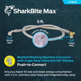 SharkBite Max 5 Foot Stainless Steel Washing Machine Connector with Angle Stop Valve, 1/2 Inch PTC x 3/4 Inch FHT, One Pair, PEX Pipe, Copper, CPVC, PE-RT, UR26004