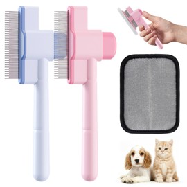 3 Piece Self-Cleaning Cat Comb and Flea Comb for Cats and Dogs Flea Removal Brush, Deshedding Glove for Shedding, Indoor & Outdoor Grooming Kit with Release Button