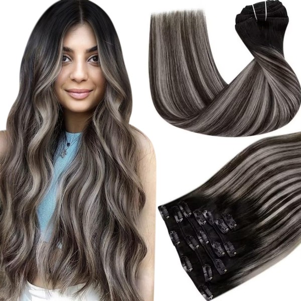 Hetto Clip-In Real Hair Extensions Balayage Clip-In Extensions Real Hair Remy Hair Extensions Clip-In Extensions Balayage Black with Silver #1B/Silver/1B 40 cm 120 g