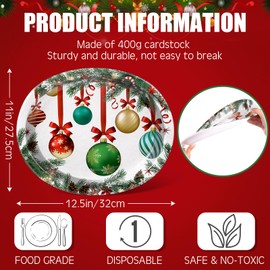 Hsei 100 Pcs Disposable Christmas Oval Paper Plates 10'' x 12'' Large Christmas Ball Plates Xmas Dinner Plates Christmas Paper Platters Bulk for Christmas Holiday Table Decor Party Supplies