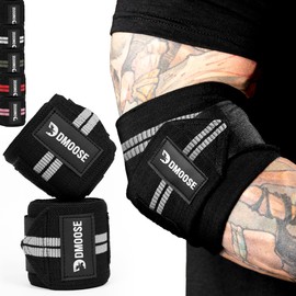 DMoose Fitness Elbow Wraps for Weightlifting (Pair) - 40'' Adjustable Elbow Strap for Gym Workout, Bench Press & Powerlifting - Compression Wraps for Tendonitis & Joint Support (White Stripes)