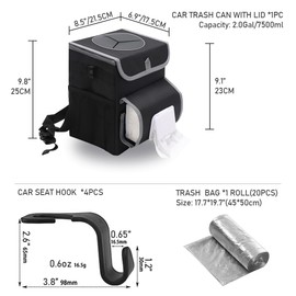 upra Car Trash Can with Lid Leakproof,Bag Hanging Storage Pockets,Adjustable Tissue Holder & Straps Garbage Bin, Portable Auto Trash Bag Holder for Road Trip, Kids, Dog Owners
