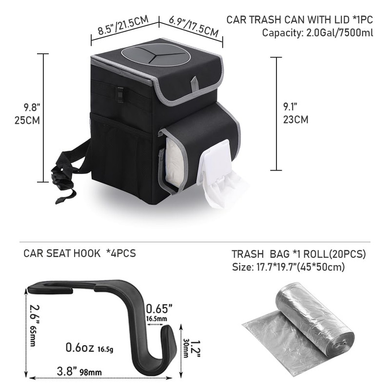 upra Car Trash Can with Lid Leakproof,Bag Hanging Storage Pockets,Adjustable
