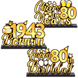 3 Pieces Happy 80th Birthday Party Table Decorations, Born in 1943, Cheer To 80 Years Table Centerpiece Sign Wooden Birthday Presents Congrats for Birthday Party Dinner Table Topper Favors