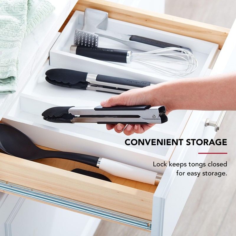 KitchenAid Silicone Tipped Side Locking Tongs, Black, 12 Inch