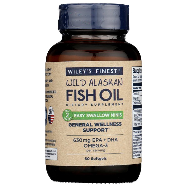 Wiley's Finest Wild Alaskan Fish Oil Easy Swallow Minis - Omega-3 Fish Oil Supplement for Adults and Kids - Double-Strength 630mg EPA and DHA Natural Supplement - 60 Mini Softgels (30 Servings)