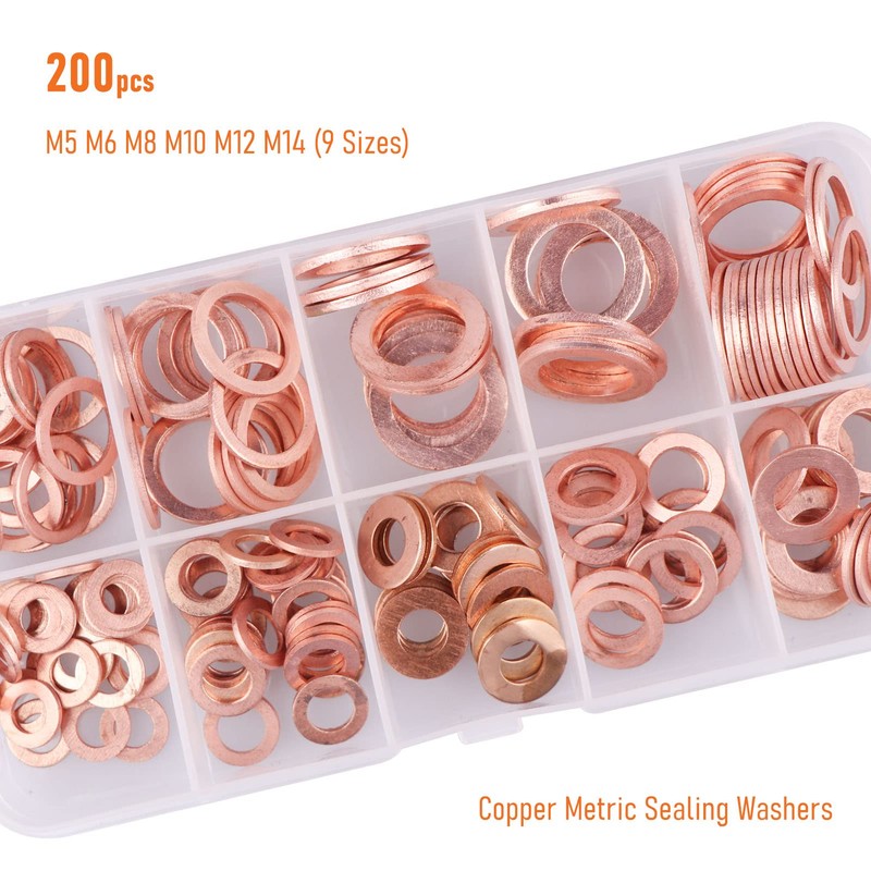 LordHardware 200pcs Copper Crush Metric Washers Assortment Kit Flat Sealing