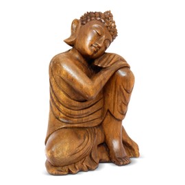 G6 Collection 12" Wooden Serene Sleeping Buddha Statue Hand Carved Sculpture Handmade Figurine Decorative Home Decor Accent Handcrafted Traditional Modern Decoration Sitting Resting Buddha (Medium)