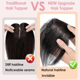 S-noilite Hair Toppers for Women Human Hair with Side Bangs - 7x11cm Hand-stitched Base 360° 3D Coverage Natural 14g (Natural Black #1B)