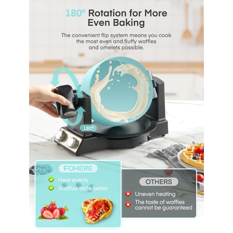FOHERE 2-in-1 Omelette Maker&Waffle Maker, 1400W Omelet Waffle Maker 180°