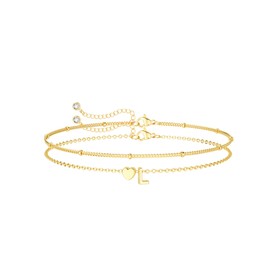 DEARMAY Dainty Initial Heart Gold Bracelets for Women Trendy, 14K Real Gold Letter Charm Bracelet Jewelry Cute Simple Fashion Chain Bracelets for Women Gift L