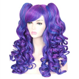 ColorGround Long Curly Cosplay Wig with 2 Ponytails(Dark Blue/Dark Purple)