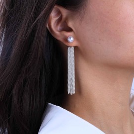 Cybche Boho Pearl Stud Earrings Silver Pearl Tassel Chain Earrings Pearl Ear Jacket Earrings Long Chain Tassel Drop Earrings Wedding Pearl Earrings Jewellery for Women, Zinc, No Gemstone