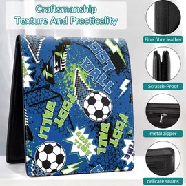 EXXBYELI Wallet for Boys Soccer Leather Wallets Credit Id Card Cash Holder Black Rfid Blocking Zipper Cute Cool Funny Aesthetic Soccer Pattern With Coin Pocket Id Window Teen for Boys Teenager