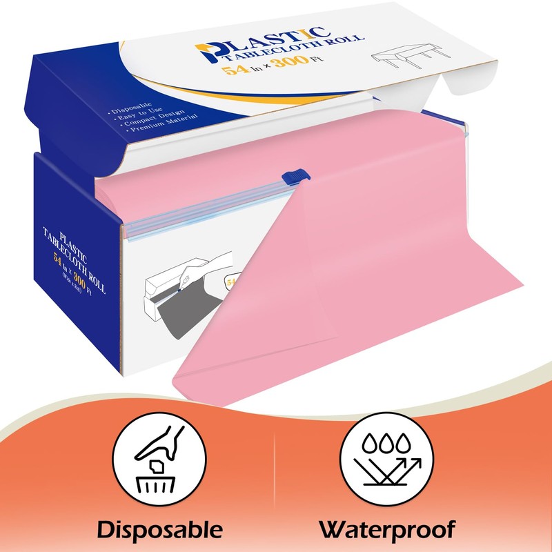YSYJ Pink Plastic Tablecloth Roll - Disposable 54" x 300