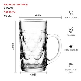 Encheng Glass Beer Stein Mugs Jumbo Mugs,German Beer Mug With Handle 1.2Liter,Big Freezable Glass Mug 40oz,Extra Large German Beer Glasses BPA Free,Dishwasher Safe 2 Pack