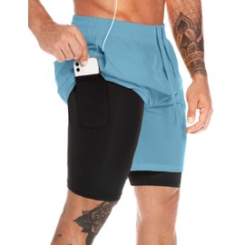 MOVEUP - Pantalones Cortos de Correr 2 en 1 para Hombre, de Secado rápido, con Forro, Pantalones Cortos de Entrenamiento con Bolsillos y Trabillas para Toalla, Azul/Claro, Small