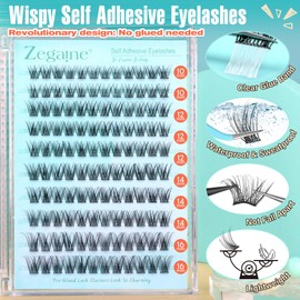 Zegaine Self Adhesive Eyelashes Natural Self Adhesive Lash Clusters Wispy Pre Glued Lashes Natural Look Cluster Eyelash Extensions C-Curly Glueless Lash Clusters Reusable No Glue Needed 10-16MM 120Pcs