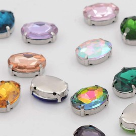 Pink Rhinestones Oval Sew On Rhinestone 50pcs 10x14mm Flatback Rhinestones with Silver Prongs for Crafts Clothes Dresses Shoes Jewelry Making