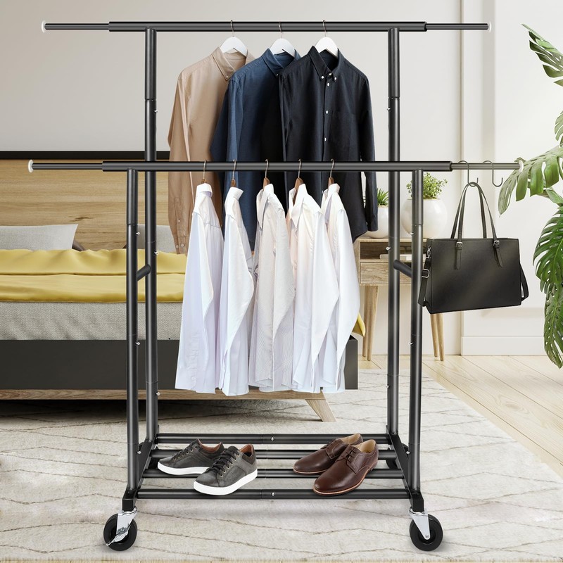 Fishat Stand Portable Black Double Rods Garment Rack with Rolling