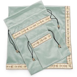 Kuai Tarot Cloth, Pastel Color, 26.8 x 26.8 inches (68 x 68 cm), Set of 3, Velvet Pouch, Tarot Cards, Divination, Appraisal, Thick (Light Moss Green + Gold Ribbon, 3 Piece Set, Large Pouch, Small