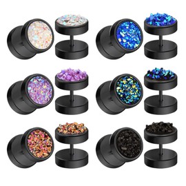 JFORYOU 6 Pairs Round Stud Earrings Stainless Steel Druzy Studs Earrings Set for Women Mens Faux Fake Cheater Ear Plugs Gauge Punk Style