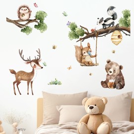 Yovkky Woodland Animals Wall Decals Stickers, Forest Bear Deer Squirrel Hedgehog Skunk Neutral Toddler Baby Nursery Decor, Branches Honeycomb Bee Butterfly Home Decorations Kids Bedroom Playroom Art