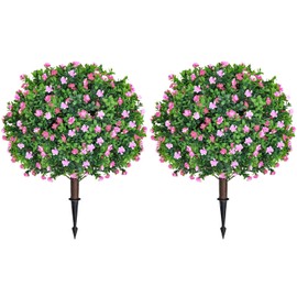 GSQQTE Artificial Boxwood Topiary Ball with Pink Flower Set of 2 25.5 Inches UV Resistant Artificial Shrub Bushes with Ground Spike Fake Evergreen Tree Artificial Plants for Outdoor Planters Indoor
