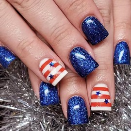24Pcs 4th of July Press on Nails Short Square Fake Nails American Flag Stripe Design Acrylic Nails Blue Glitter Artificial Glue on Nails Independence Day False Nails for Women Patriotic Stick on Nails