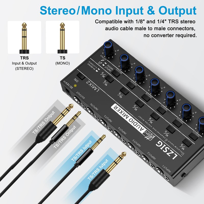 LZSIG Mini Audio Mixer,Stereo Line Mixer for Sub-Mixing,Ultra Low-Noise,6-Channel,Microphone Independent