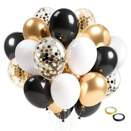 Black Gold Confetti Balloons, 12 Inch Black and Gold Balloons with Ribbons Party Decorations for Graduation Birthday Wedding Prom Engagement New Years Bridal Shower Bachelorette Cocktail Party