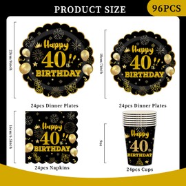96Pcs Black Gold 40th Birthday Tableware Set,40th Tableware Decorations Plates and Napkins Cups Sets for Men,Women Birthday Gifts Dinnerware Supplies