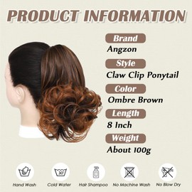 Angzon Ponytail Extension 8 Inch Claw Clip in Ponytail Short Curly Ponytail Extension for Women Messy Bun Fluffy Wavy Curly Synthetic Versatile Ombre Brown Hairpieces