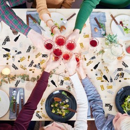 RUNEAY Confetti Table Decoration Happy New Year 1000 Pieces, RUNEAY Confetti New Year Decoration Happy New Year 2025 Decoration, Glitter Confetti Black Gold Confetti New Year Decoration, Party