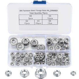 TA-VIGOR 70Pcs Serrated Flange Hex Lock Nuts Assortment Kit, 304 Stainless Steel Flange Self-Locking Insert Hex Nuts M3 M4 M5 M6 M8 for Furniture Industry Civil Engineering Construction DIY
